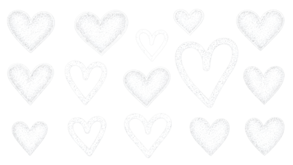 A collection of doodle hearts drawn with white chalk on a dark chalkboard background
