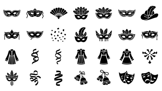 Collection of black silhouette icons representing carnival, masquerade, celebration, and party elements including masks, costumes, and decorations.