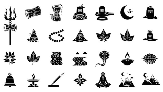 A comprehensive collection of black and white vector icons representing various Hindu religious symbols and attributes of Lord Shiva.