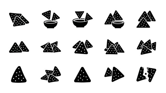 A collection of black silhouette icons depicting various arrangements of tortilla chips, some with a bowl of dip.