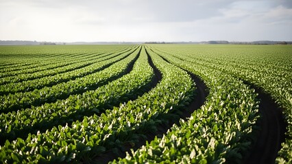 Vast Agricultural Field with Symmetrical Rows of Lush Green Crops under Bright Sky