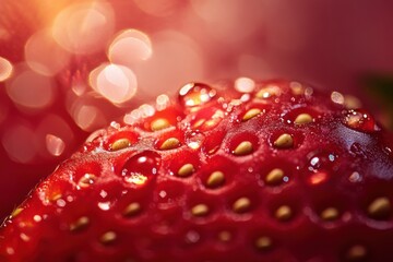 A vibrant red strawberry with a glossy, shiny surface and a multitude of small yellow seeds, set against a blurred background of warm, golden light.