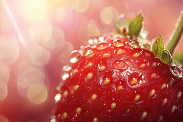 A vibrant strawberry with a rich red color and a green stem, set against a blurred background of bokeh lights.