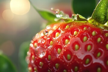 A vibrant red strawberry with green leaves and water droplets on its surface, set against a blurred background of bokeh lights.