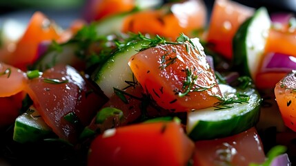 Fresh Mediterranean vegetable salad with diced tomatoes, cucumbers, red onions and herbs. Healthy organic food concept for restaurants and cooking.