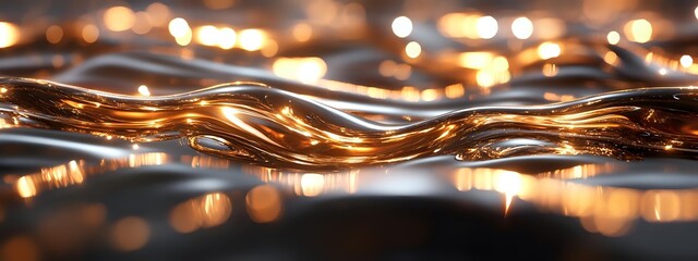Flowing golden liquid metal waves with warm bokeh lights creating luxurious abstract background for premium design projects and elegant presentations.