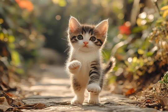 Adorable tabby kitten walking on garden path with raised paw, surrounded by warm autumn foliage and soft natural lighting for pet care content. - Powered by Adobe