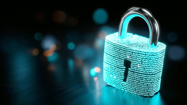 Glowing teal padlock covered in binary code symbolizing cybersecurity and encryption, data protection visualization, digital security concept, information technology safety, with c