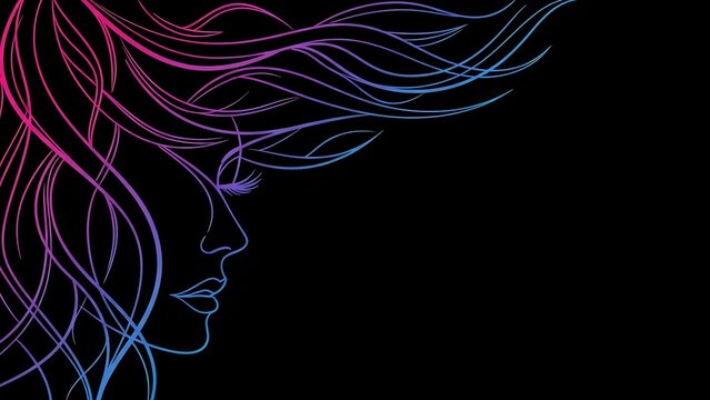 Neon gradient woman profile with flowing hair on black background for modern digital art and beauty concepts.