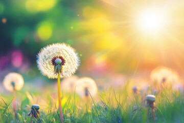 A serene field of dandelions under a warm, golden sun, with a single dandelion standing tall in the foreground, its seeds ready to be carried away by the wind.
