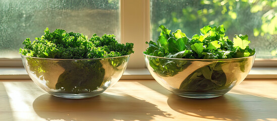 Fresh green kale salad bowl and mixed greens salad bowl on transparent background
