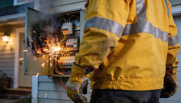 A utility worker watches sparks and smoke erupting from a malfunctioning outdoor residential electrical panel.
