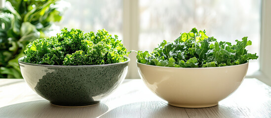 Fresh green kale salad bowl and mixed greens salad bowl on transparent background