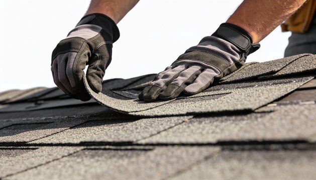 Close-up of gloved hands lifting a textured asphalt shingle during roof repair or construction.