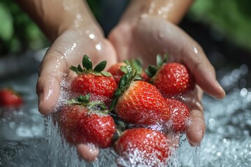 A close-up shot of a hand holding a handful of ripe, red strawberries, with water droplets on their surface, set against a blurred background of green foliage.