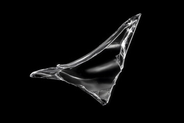 shattered glass shard fragment with sharp edges floating and frozen in motion against a solid black background studio shot abstract