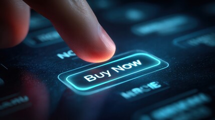 Finger pressing a glowing neon blue Buy Now button on a dark digital screen