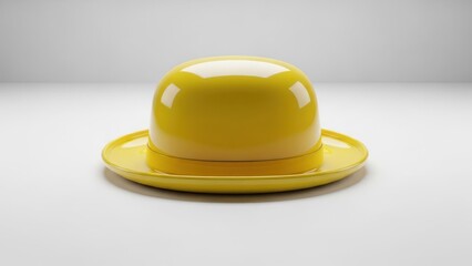 Fototapeta premium Glossy yellow bowler hat rests on a light surface against a white wall background