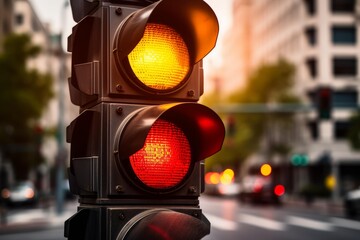 Red and yellow traffic lights glowing during sunset in a busy city intersection