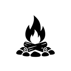 Bold Minimalist Campfire Vector Icon. Black and White Flat Design Bonfire Silhouette for SVG Cutting Files, Outdoor Adventure Branding, Camping Logo, and Modern Wilderness Flame Illustration