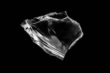 Single large transparent piece of broken glass on black background isolated abstract shape clear texture element for design with reflection and refraction light