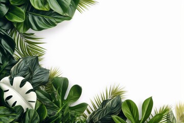 Lush tropical leaves creating a vibrant border on a clean white background, offering a refreshing and natural aesthetic