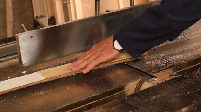Carpenter Smoothing Wood Board On Industrial Planer Machine