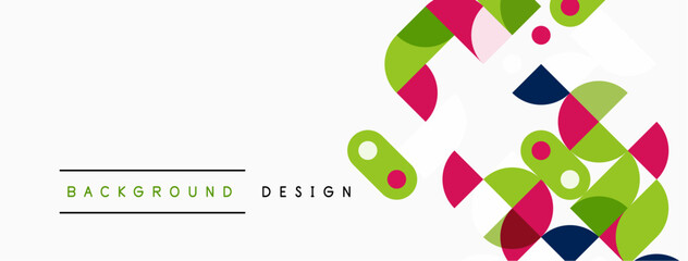 Abstract geometric shapes overlap, creating vibrant colorful design. Minimalist style with text elements present. Clean, modern aesthetic.