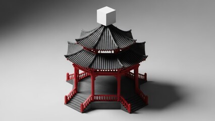 Intricate pagoda with black roof, red support beams, topped with white cube