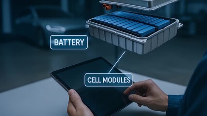 Electric vehicle battery cell modules displayed on tablet showcasing futuristic energy storage technology and innovation in transportation with digital device in workshop environment augmented reality - Powered by Adobe