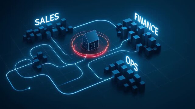 House sales finance ops network connection business technology digital data cube diagram flow structure communication modern glowing blue red abstract concept system office organization chart