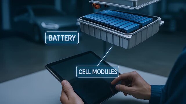 Electric vehicle battery cell modules displayed on tablet showcasing futuristic energy storage technology and innovation in transportation with digital device in workshop environment augmented reality