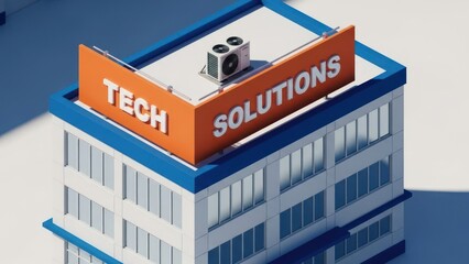 Fototapeta premium Isometric building with rooftop AC and orange sign, against neutral backdrop