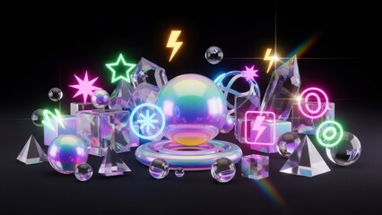 Iridescent sphere surrounded by geometric shapes and neon lights on black