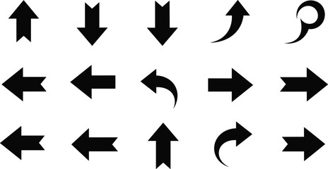  Black arrow icons set, navigation direction symbols collection, up down left right arrows, curved pointer signs, minimal user interface elements, vector illustration © Fazlul