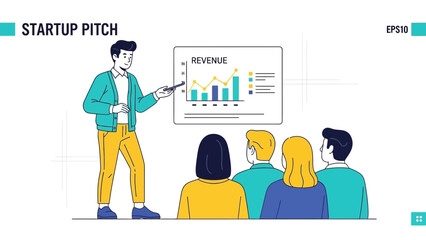 business presentation startup pitch with an animated entrepreneur presenting revenue growth to an