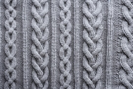 Close up view of gray knitted cable pattern, showcasing traditional aran stitches creating a textured vertical braid design