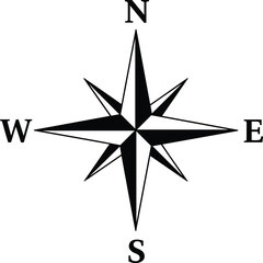  Classic compass rose navigation symbol, north south east west direction indicator, traditional wind rose design for maps, travel orientation, cartography guidance, minimal black vector illustration