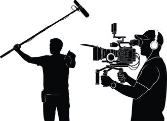  Film production crew silhouette recording video scene, cameraman with professional camera and boom microphone, movie shooting process, filmmaking equipment, black vector illustration © Fazlul