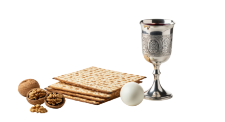 Professional still life of stacked crisp matzah, reflective silver kiddush cup with ruby wine, egg, and walnuts on a transparent background, Concept of jewish passover tradition.