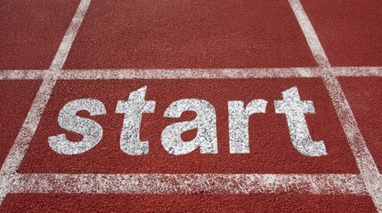 A bright white word 'start' rests on a vivid red track, symbolizing opportunities and fresh beginnings. This scene encourages taking the first step toward goals and dreams