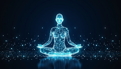 Futuristic Digital Human Meditating with Glowing Network Connections and Artificial Intelligence Concept.