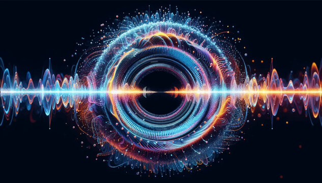 Sound waves are annular pressure waves visible due to particles and refraction of air. It is suitable for music visualizers, advertising of audio equipment.Vector graphics. EPS_04.