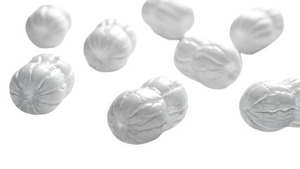 Eight white oval shaped objects isolated on transparent background possibly representing a collection of smooth stones or pearls on a clear surface