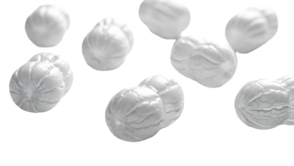 Eight white oval shaped objects isolated on transparent background possibly representing a collection of smooth stones or pearls on a clear surface