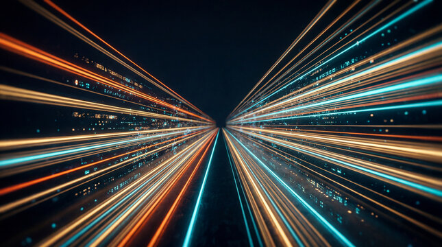 Neon data streams race into distance. Futuristic data highway with glowing light trails, big data speed concept for cyber monday promo, black friday sale banners, fintech branding today - Powered by Adobe