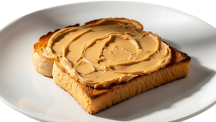 Appetizing slice of toasted bread isolated on transparent background smothered in creamy peanut butter on a white plate