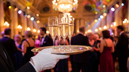 Waiter serves champagne at gala event. Champagne flutes on silver tray with bokeh ballroom lights, luxury celebration for newyear party, christmas banquet, wedding toast, festive mood
