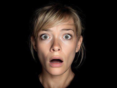 Fear and Anticipation: A portrait of fear and apprehension as a woman stares intently at the unknown, her eyes wide with dread and mouth agape, revealing a moment of pure human emotion. 