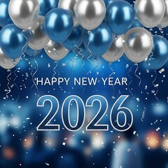 Celebratory balloons and sparkling lights mark the arrival of a new year